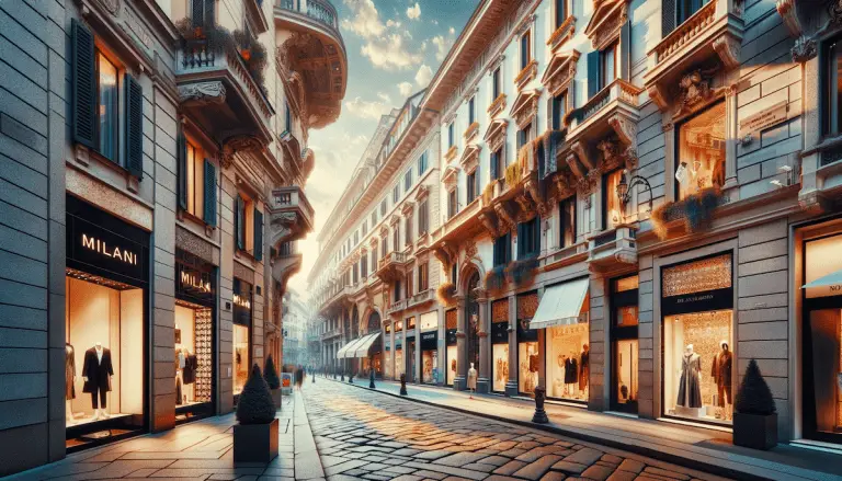 Milan fashion shopping guide. Elegant streets of Milan's Quadrilatero della Moda, showcasing luxury boutiques and Italian fashion charm.