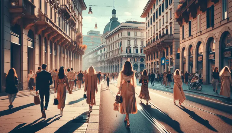 Milan fashion week tips. Vibrant Milan street during Fashion Week, highlighting fashion's intersection with Milan's iconic architecture.