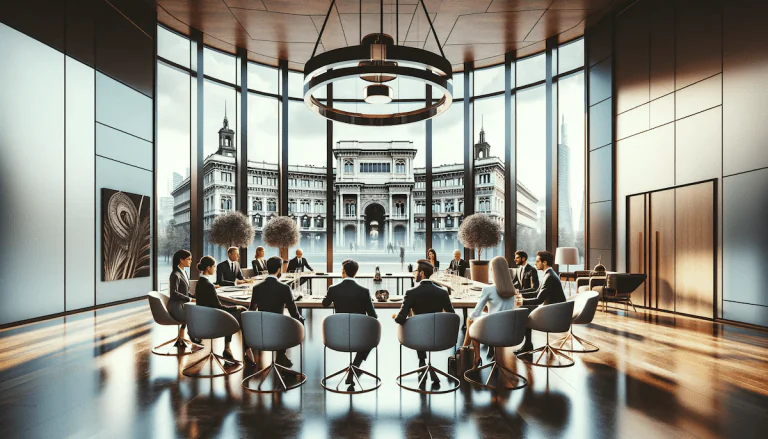 business etiquette. Elegant business meeting in Milan, showcasing the city's unique blend of tradition and modernity in corporate culture.