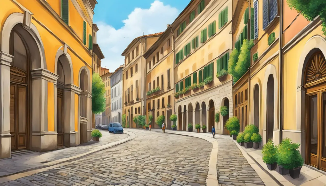 Vibrant street scene in Brera district, Milan. Art galleries, cobblestone streets, and historic architecture