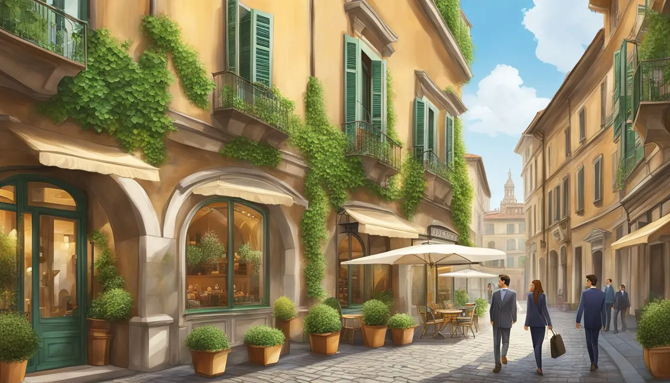 A couple strolling through the cobblestone streets of Milan, passing by elegant and romantic hotels with ivy-covered facades and charming outdoor cafes