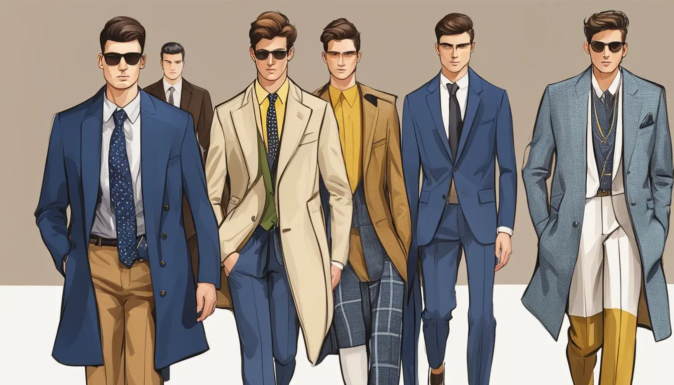 Models walk down the runway in Milan Fashion Week looks for men. Trendy suits, bold patterns, and stylish accessories are showcased