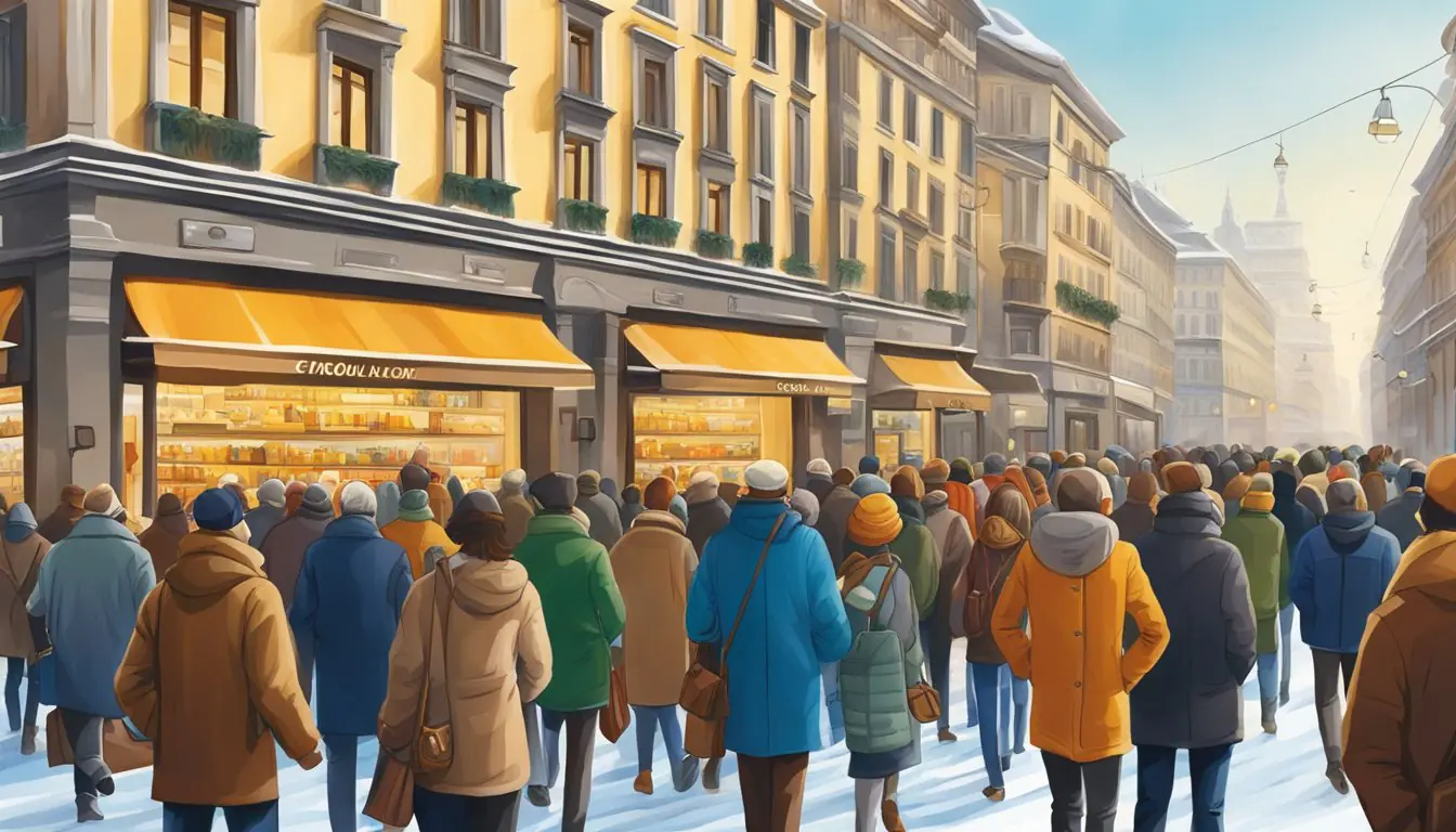 Shoppers crowding Milan's streets during winter sales. Displayed storefronts and bustling shoppers capture the city's vibrant shopping scene