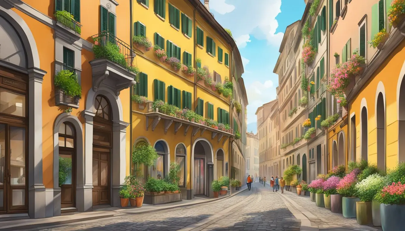 Vibrant Brera district in Milan, bustling with art galleries and studios. A cobblestone street lined with colorful buildings and blooming flowers
