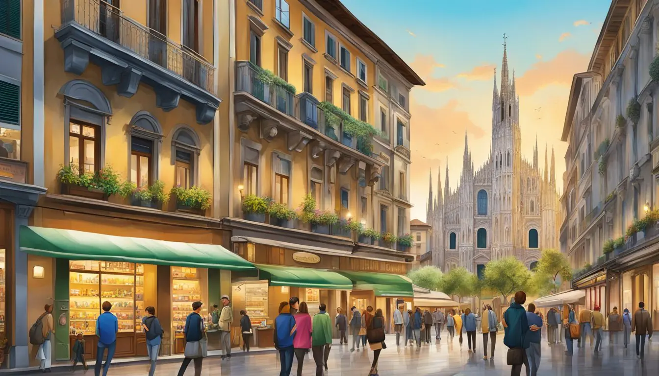 A bustling Milan street lined with iconic landmarks and colorful storefronts, with tourists enjoying unique gift experiences and attractions