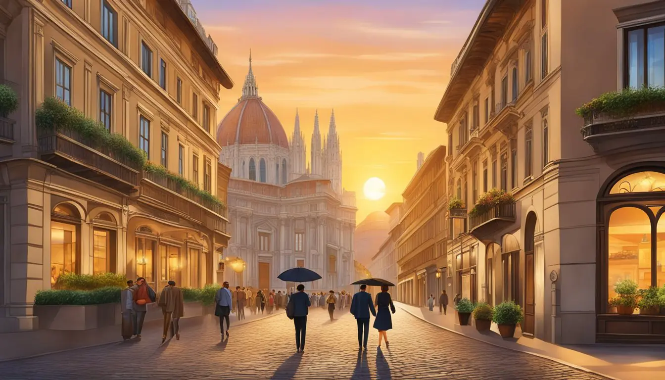 A couple strolls through the cobblestone streets of Milan, passing by charming cafes and elegant boutiques. The sun sets behind the historic architecture, casting a warm glow over the romantic city