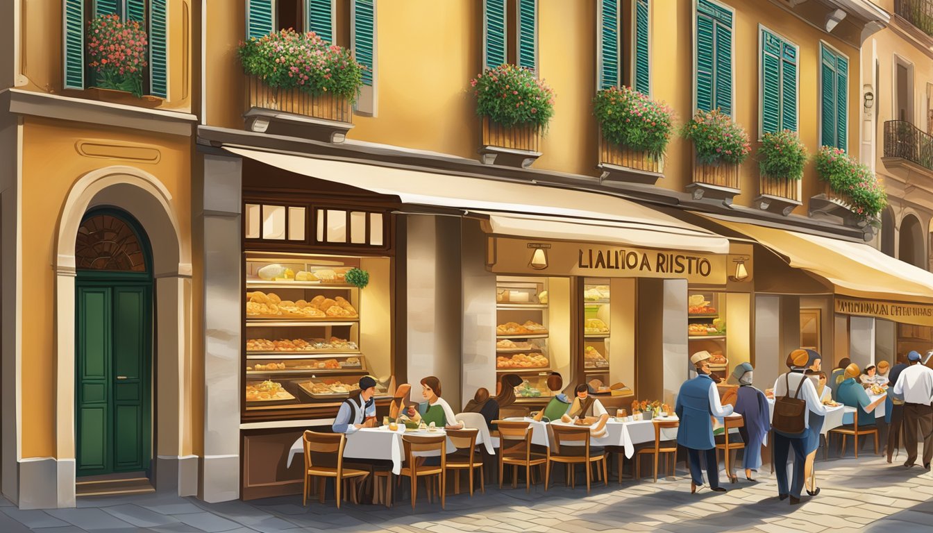 A bustling street lined with traditional Milanese trattorias, each offering authentic Milanese risotto