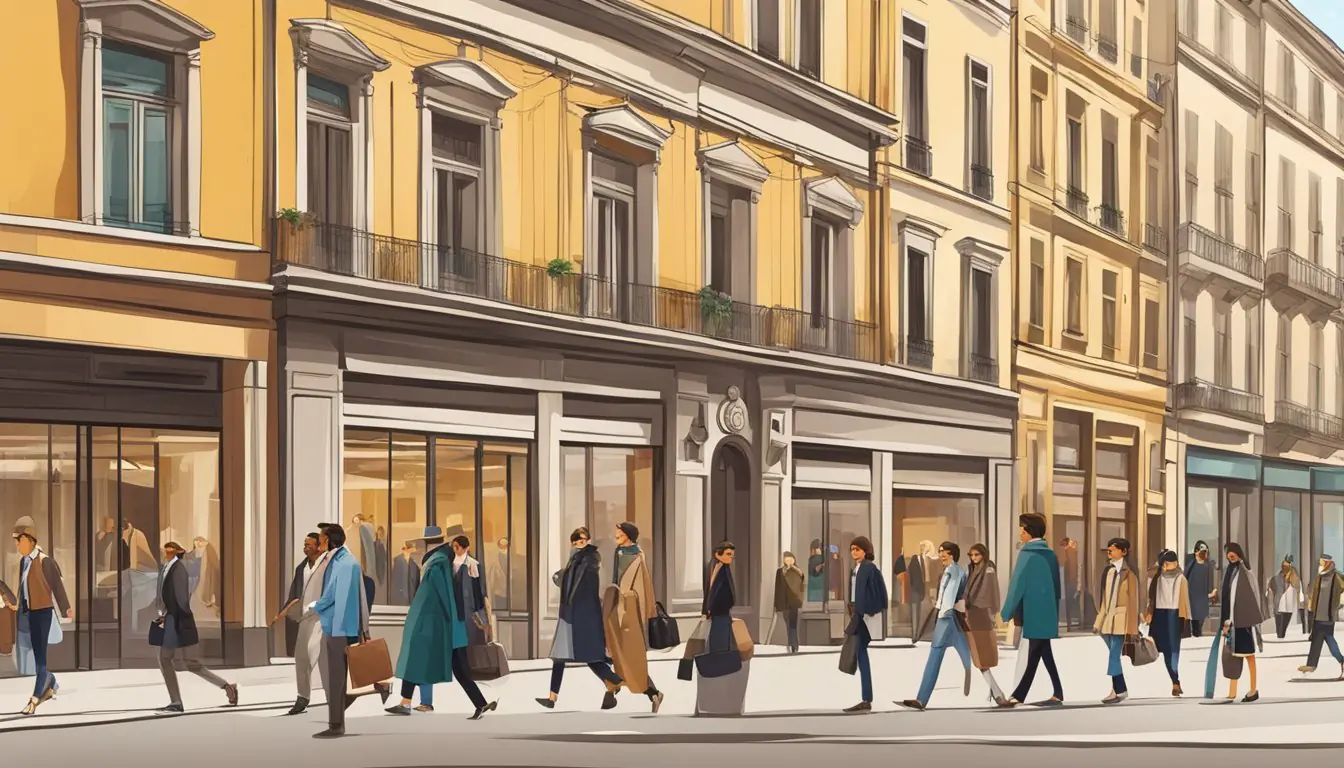A bustling street in Milan, with stylishly dressed people walking past designer storefronts showcasing the latest fashion trends for men