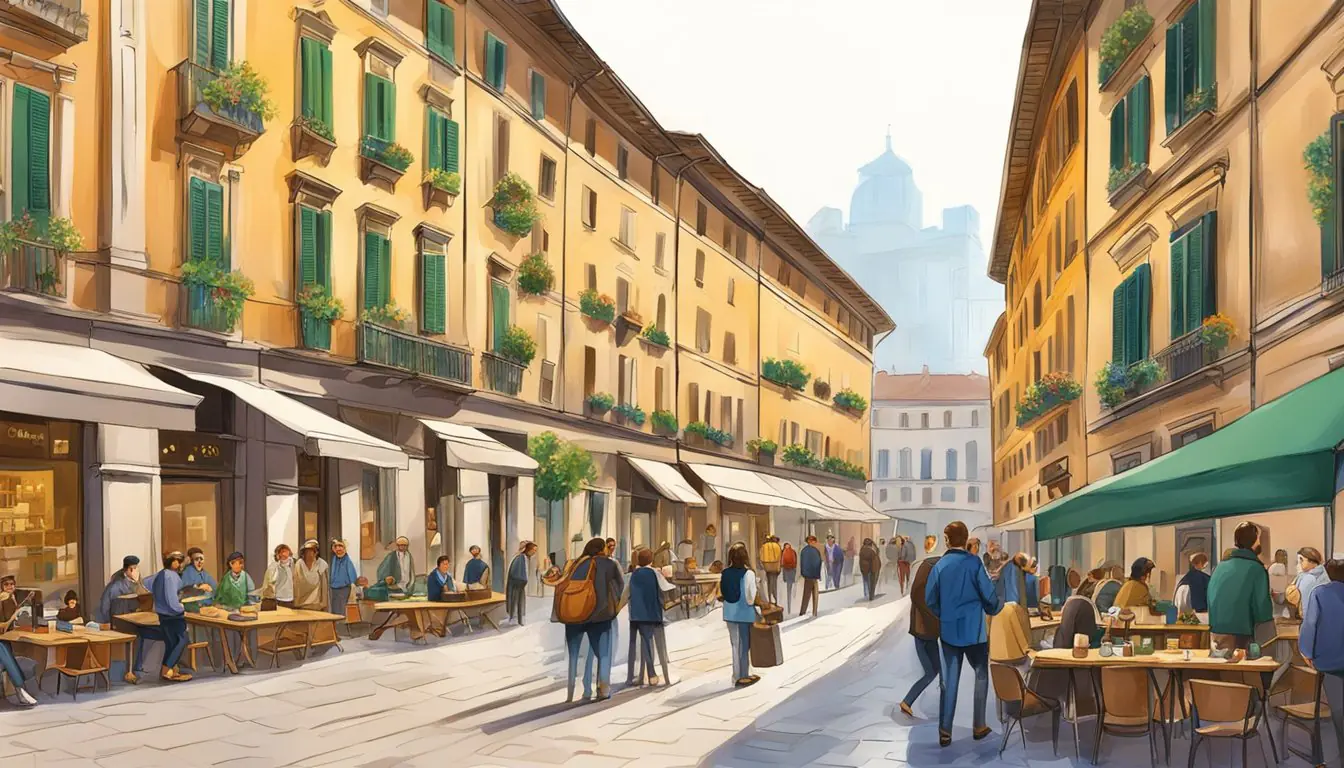 Artistic scene of Brera district in Milan, bustling with art enthusiasts, galleries, and historic architecture. Vibrant colors and lively atmosphere