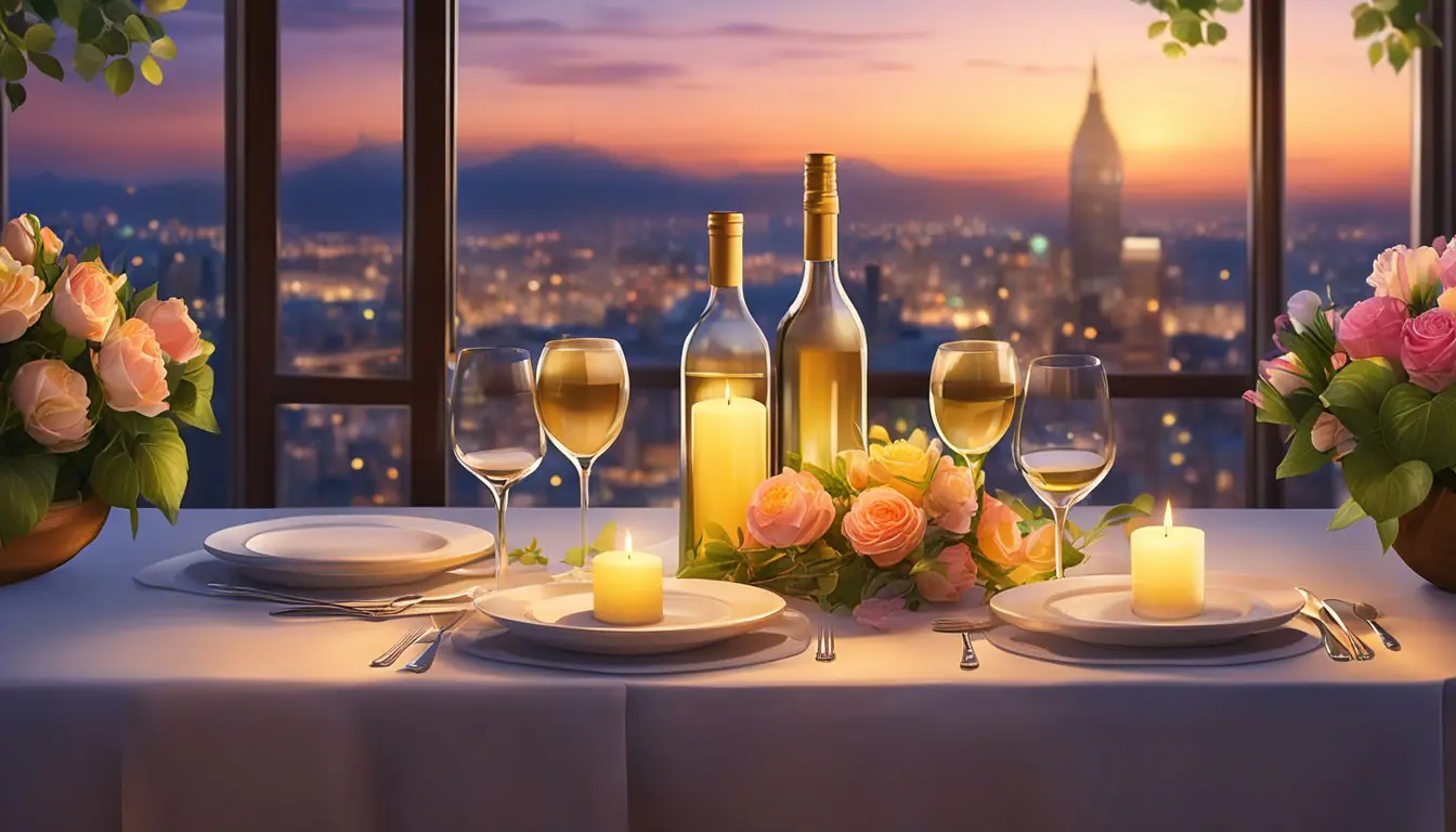 A table set for two with a candlelit dinner, overlooking the city lights. A bottle of wine and a bouquet of flowers add to the romantic ambiance