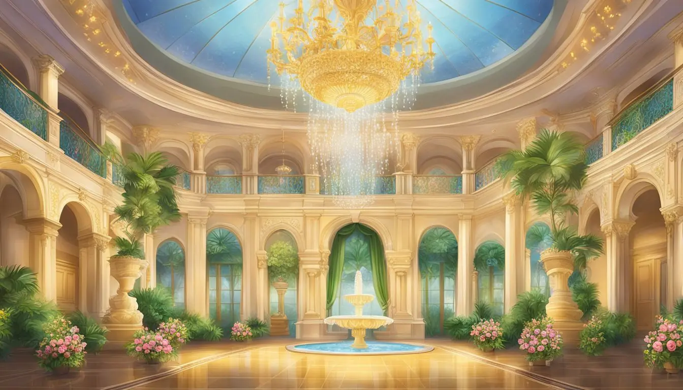 A grand ballroom adorned with elegant chandeliers and ornate floral arrangements. A picturesque garden with blooming flowers and a serene fountain