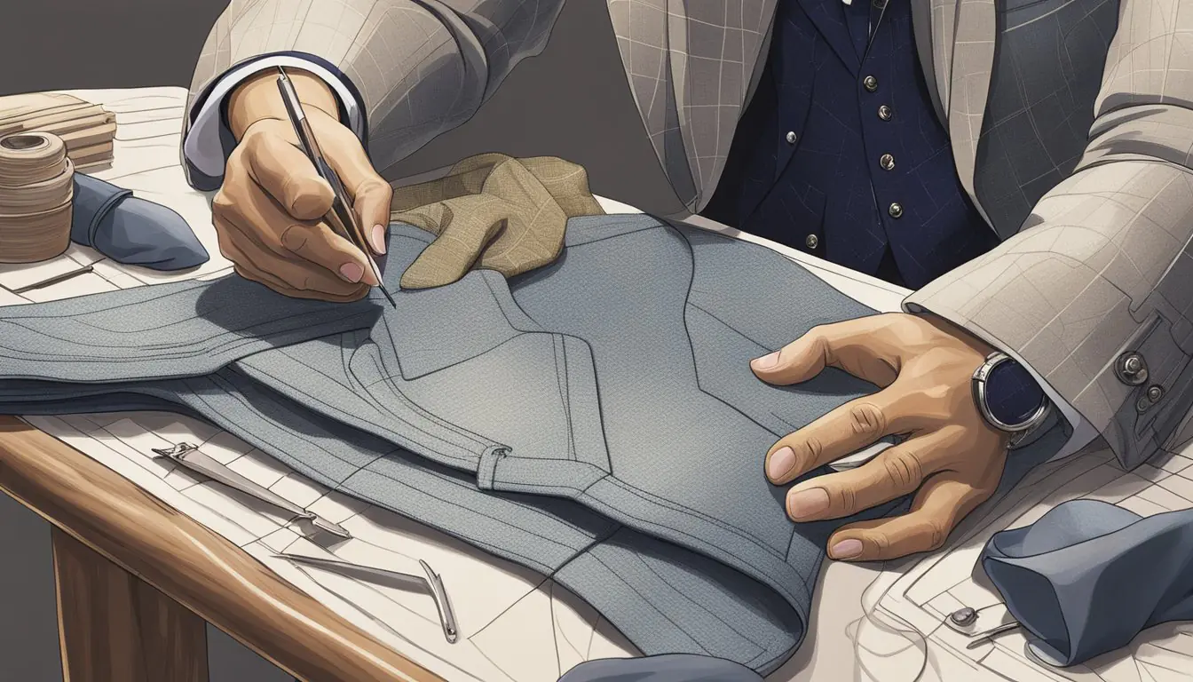 A tailor's hands meticulously stitching a bespoke suit for Milan Fashion Week. Quality fabrics and intricate details highlight the craftsmanship