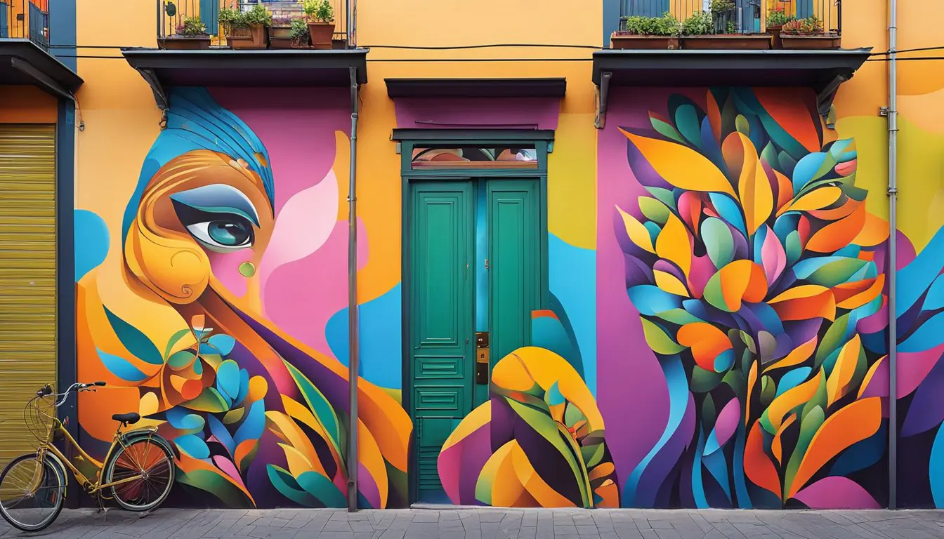 Vibrant street art adorns the walls along Milan's Navigli district. Bold colors and intricate designs showcase the talent of contemporary street artists