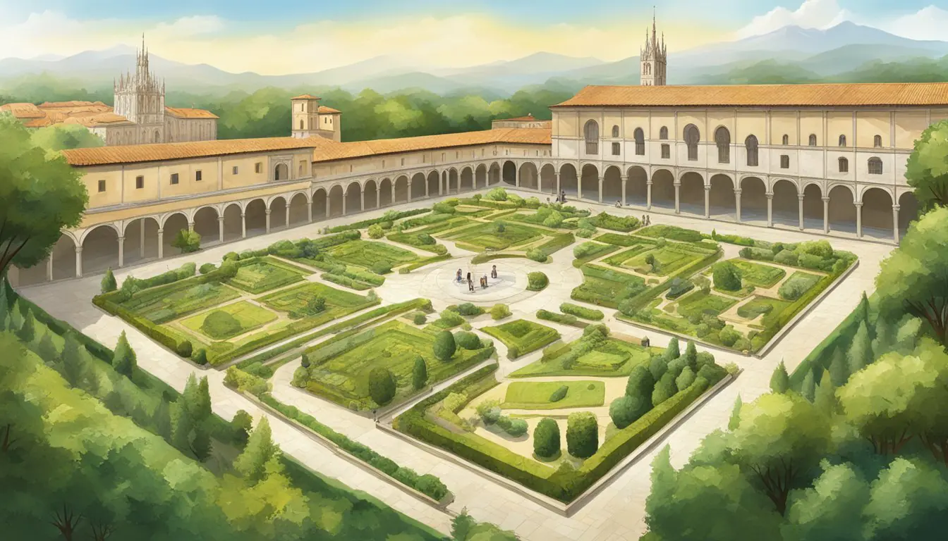 Visitors map out routes at the Cloisters of Milan, surrounded by lush greenery and ancient architecture