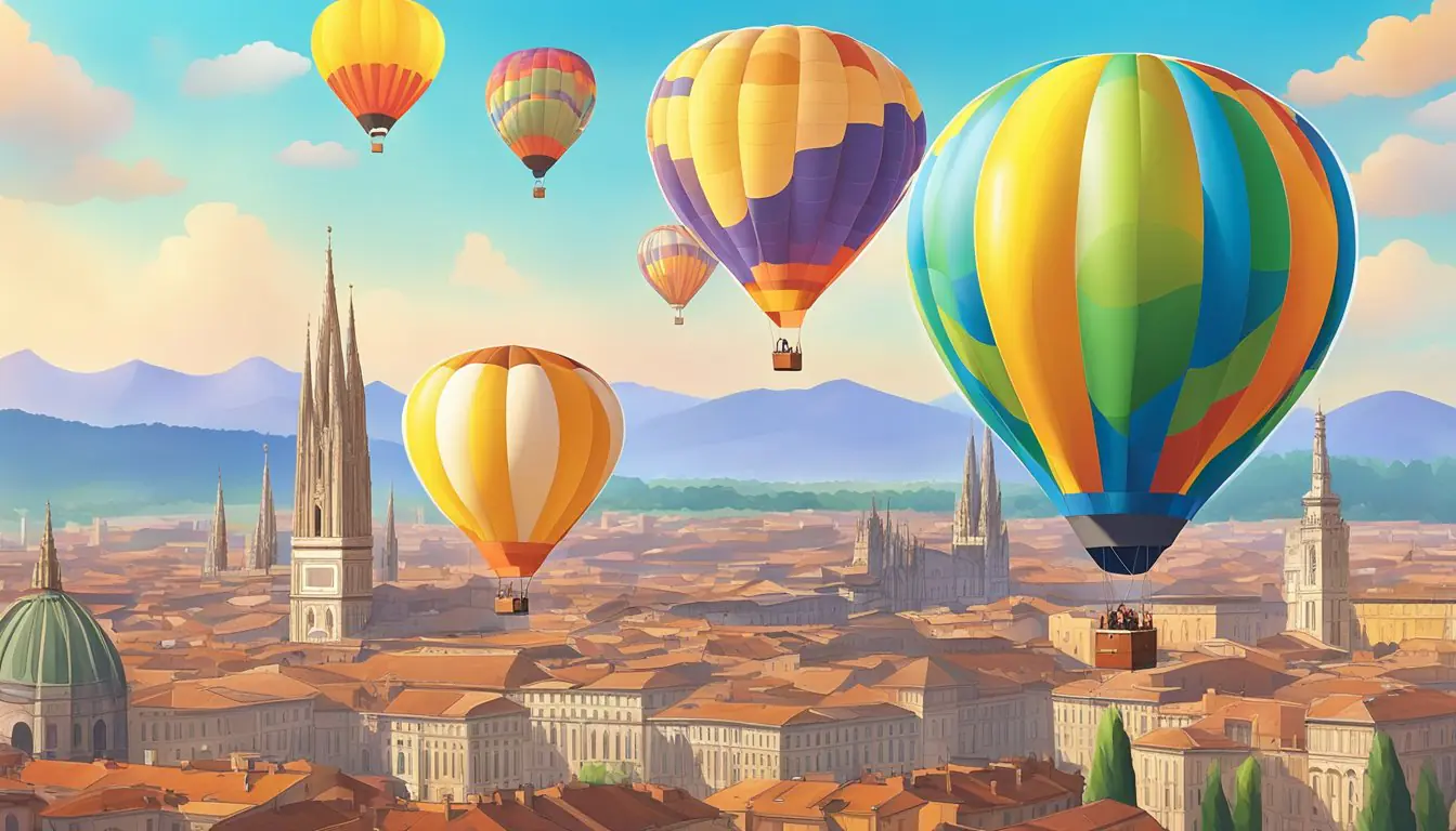 A colorful hot air balloon floats above the iconic skyline of Milan, with the city's landmarks visible below. The balloon is surrounded by other unique experiences such as a cooking class, fashion tour, and art workshop