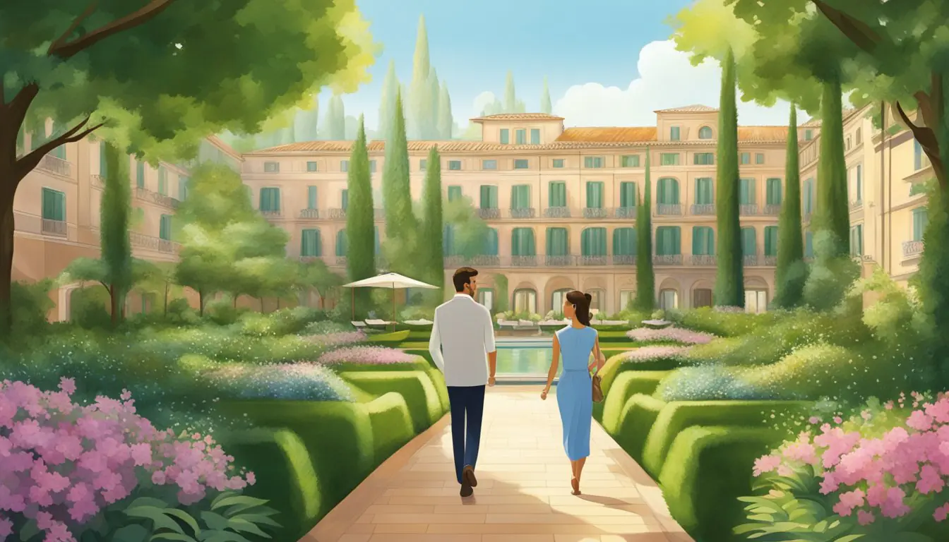 A couple strolling through a lush garden at a luxurious hotel in Milan, with a spa and wellness center in the background
