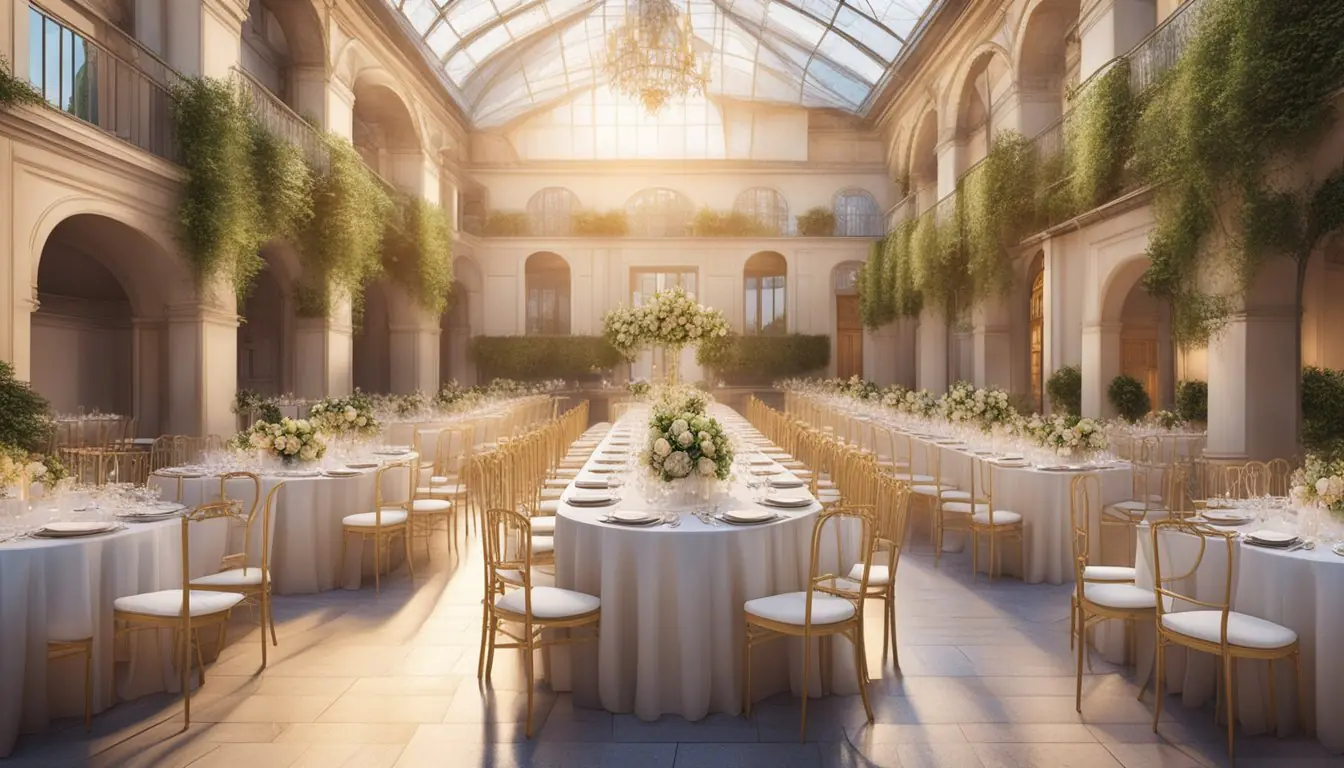 A picturesque venue in Milan, with elegant decor and ample space for guests. A detailed wedding planning checklist is spread out on a table, with a serene ambiance surrounding the scene
