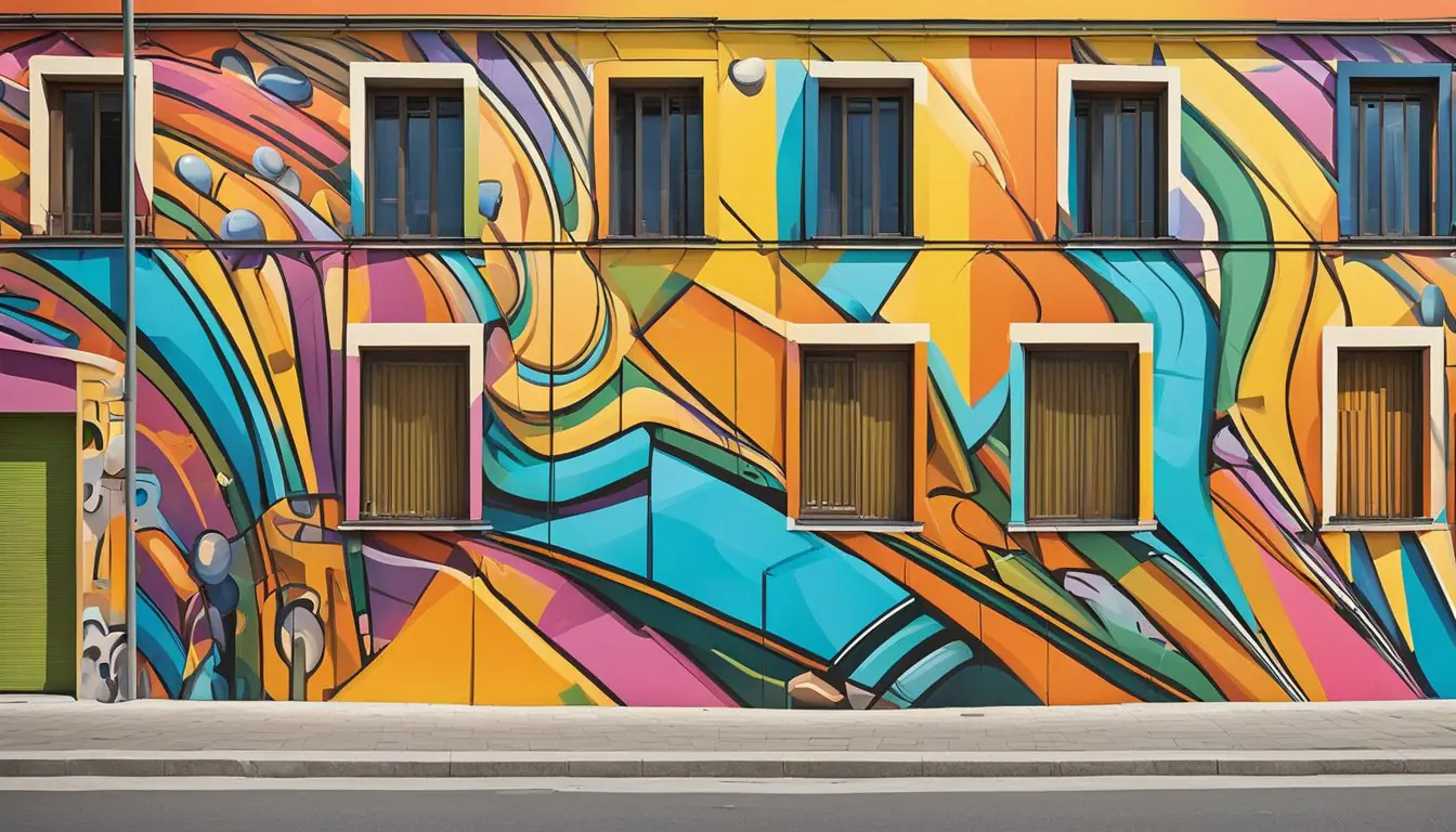 Colorful street art lines the walls of Navigli, Milan. Vibrant murals and graffiti cover the buildings, creating a lively and artistic atmosphere