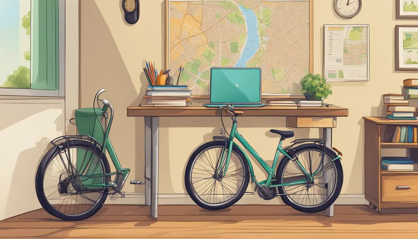 A cozy student apartment in Milan, with a cluttered desk, books, and a laptop. A map of the city hangs on the wall, and a bicycle is parked by the door
