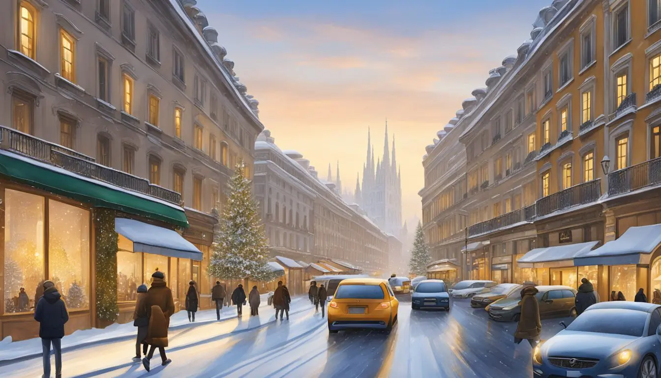Winter scene in Milan: Snow-covered streets lined with luxury shops. Cars navigating through the city. Perfect time for shopping