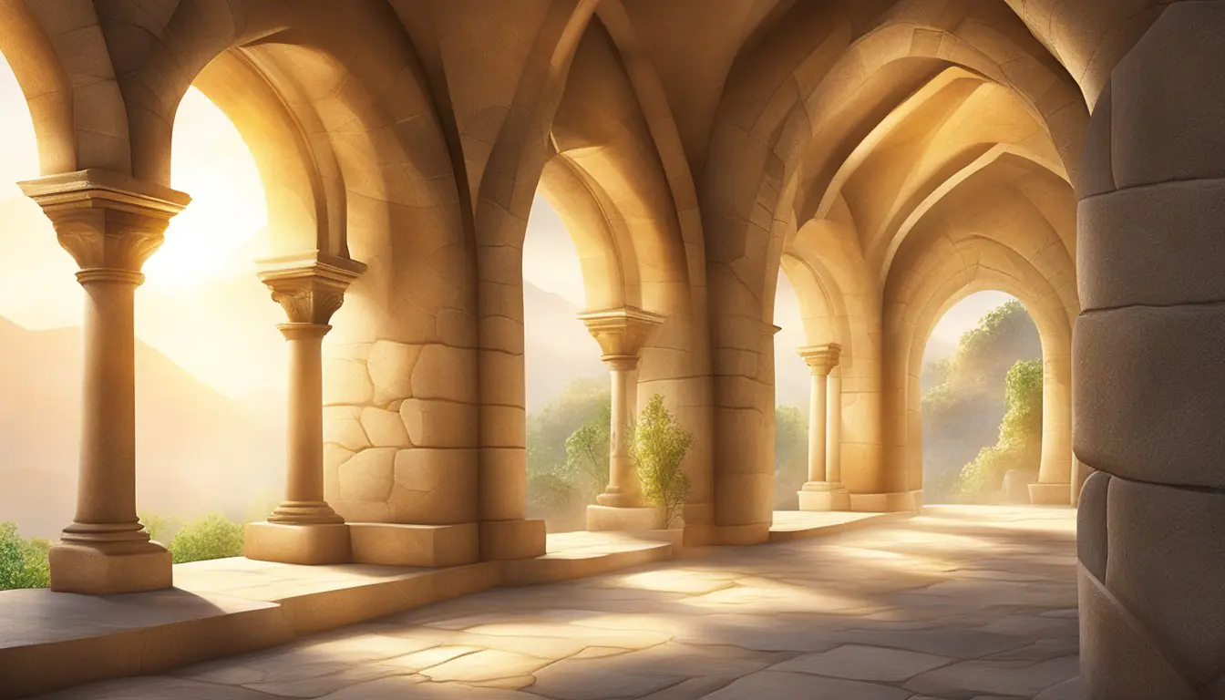 Sunlight filters through ancient arches, casting soft shadows on weathered stone. Vines creep along the walls, adding a touch of nature to the serene atmosphere