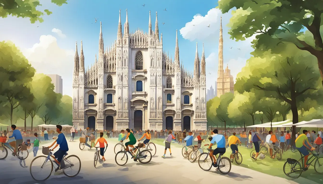 A bustling city park in Milan, with people playing soccer, cycling, and enjoying outdoor activities. The iconic Duomo di Milano in the background, adding a touch of cultural charm to the scene
