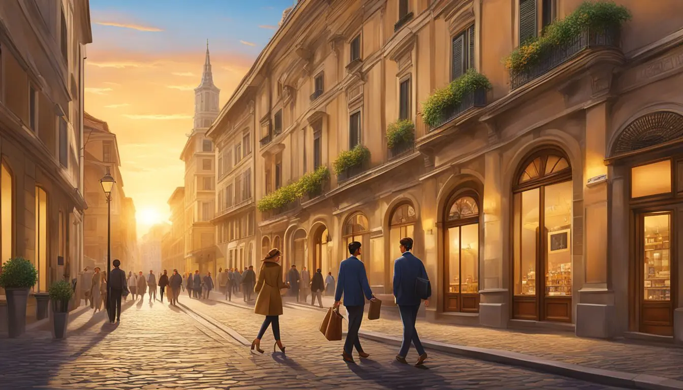 A couple strolls through cobblestone streets, passing elegant boutiques and charming cafes in the Fashion District of Milan. The sun sets behind historic buildings, casting a warm glow over the romantic scene
