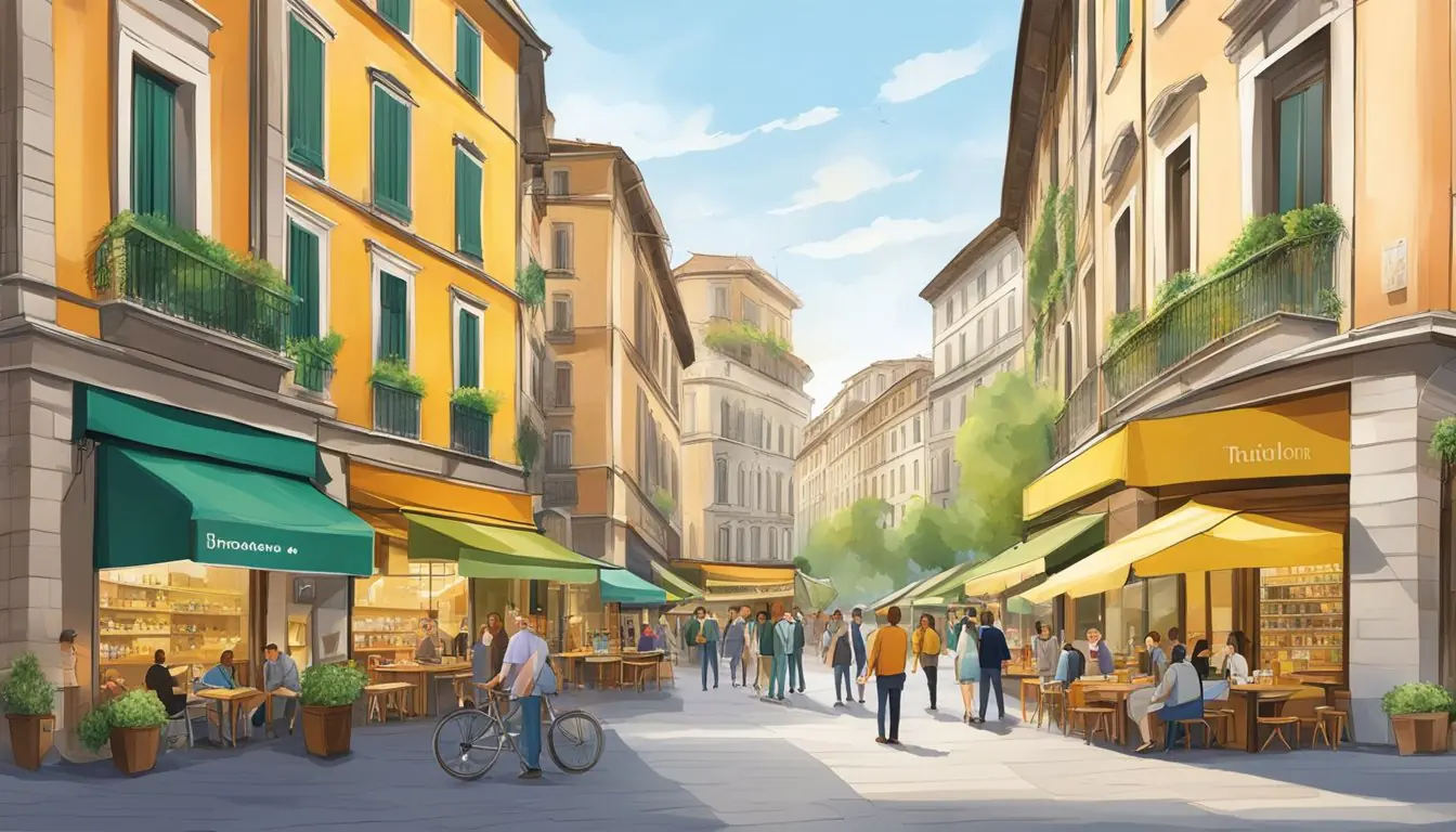 A bustling city street in Milan with colorful student-friendly cafes and shops, surrounded by historic architecture and modern amenities