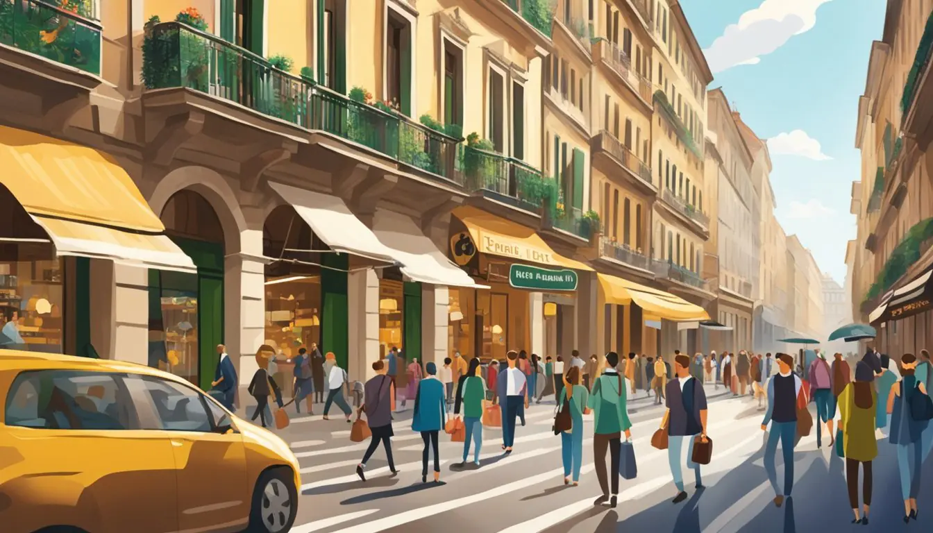 A bustling Milan street lined with shops and cafes, with a prominent sign advertising "Travel Tips and Resources Gift experiences" in bold letters