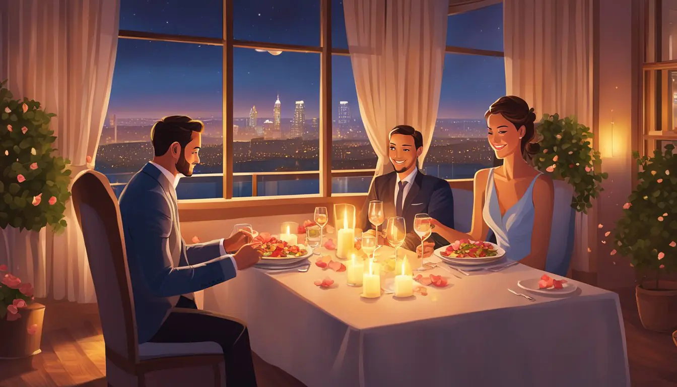 A couple enjoys a candlelit dinner in a cozy hotel room with a view of the city skyline. Rose petals adorn the bed, creating a romantic atmosphere