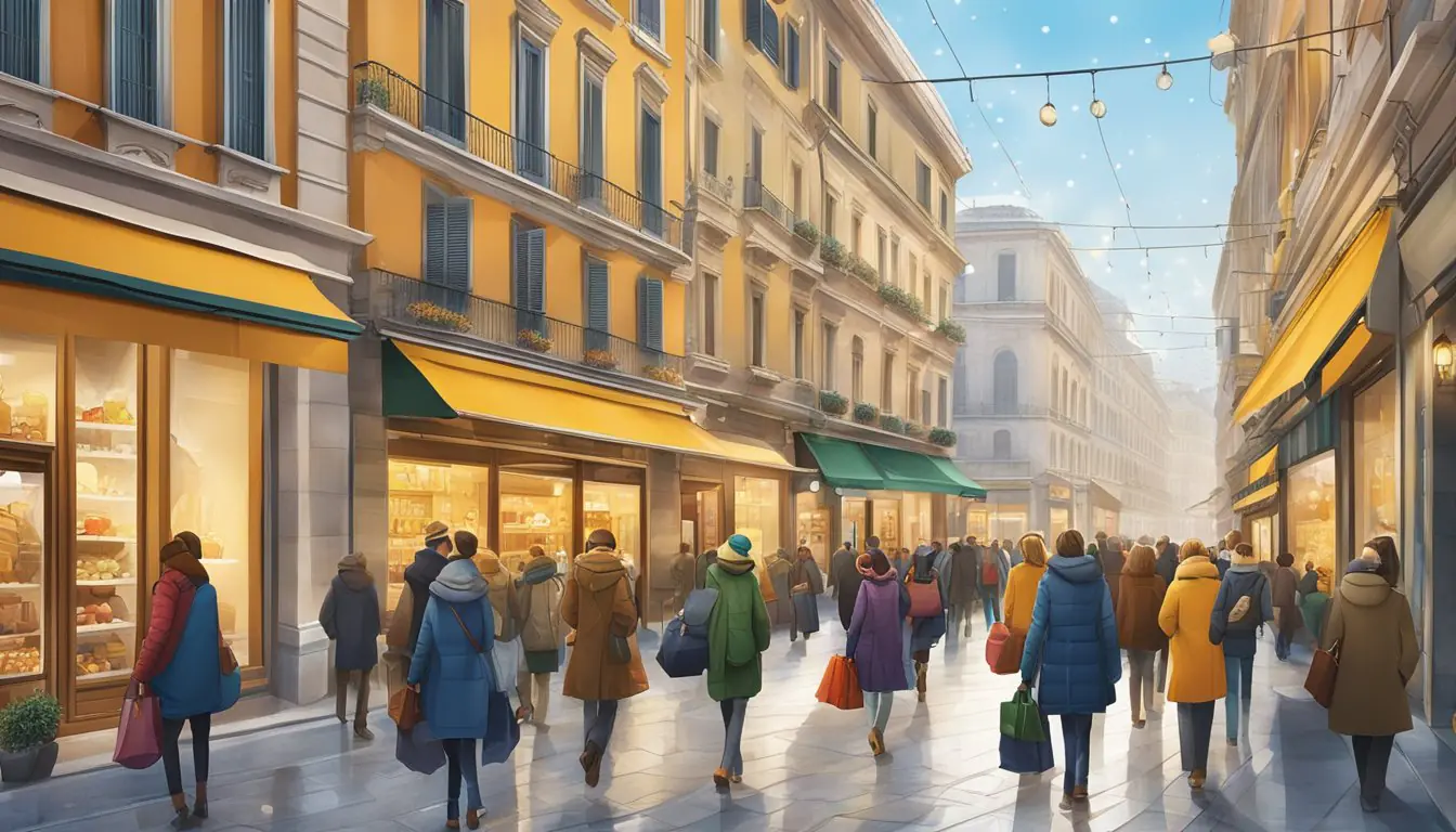 Winter sales in Milan: bustling streets lined with designer shops, shoppers carrying bags, festive window displays, and a vibrant atmosphere