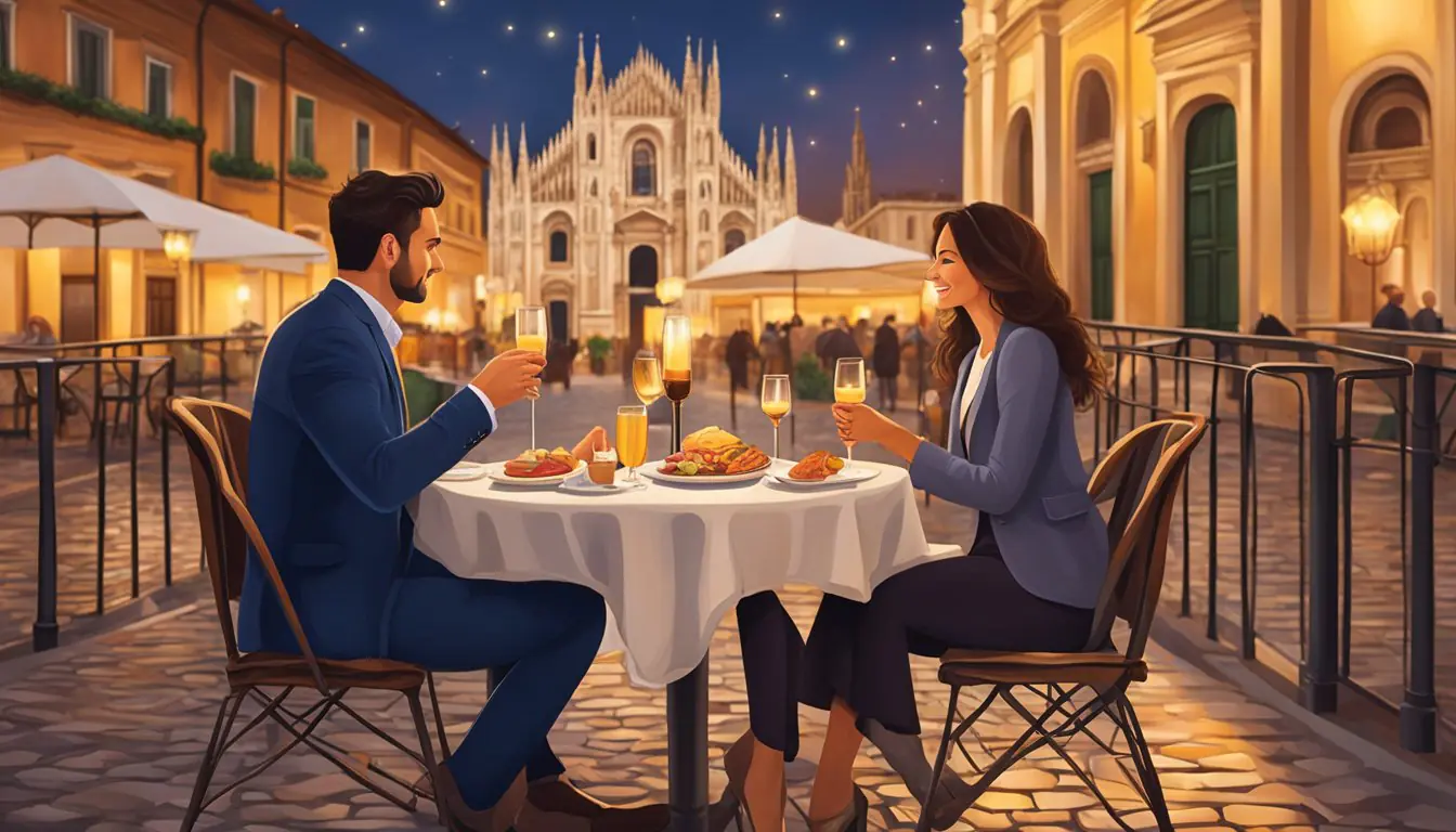 A couple enjoying a candlelit dinner overlooking the Duomo, strolling hand in hand through the charming cobblestone streets, and sipping wine at a cozy outdoor cafe in Milan