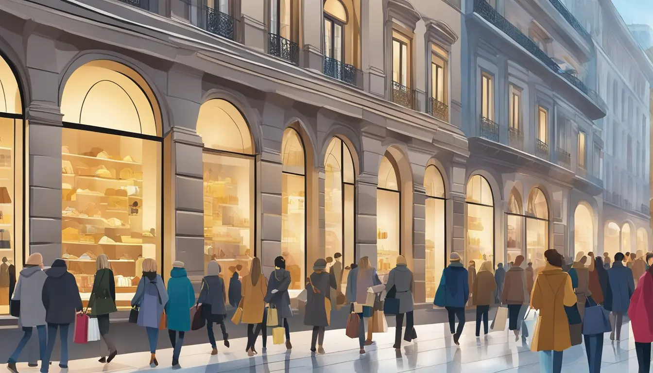 Winter sales in Milan: bustling streets lined with designer shops, window displays showcasing discounted luxury goods, shoppers carrying bags filled with new purchases
