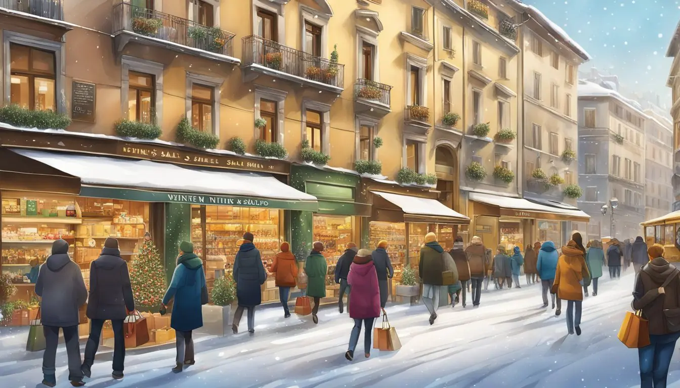 Winter sales in Milan, bustling streets with shoppers, storefronts adorned with sale signs, and a festive atmosphere