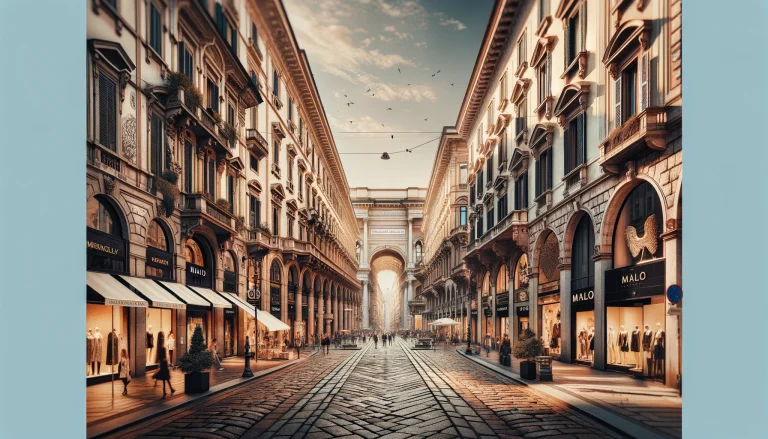 A panoramic view of Milan's iconic fashion district, showcasing a blend of historic architecture and modern boutiques.
