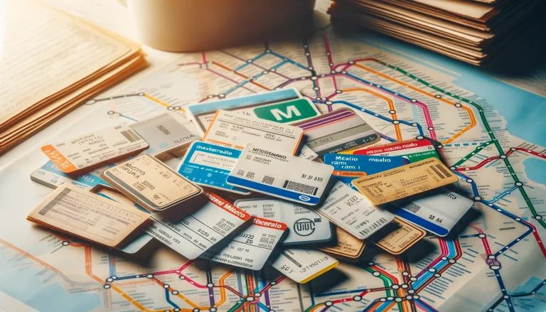 Tickets and passes for Milan. Various tickets and passes on a table, showcasing Milan's public transport options with a city map in the background.