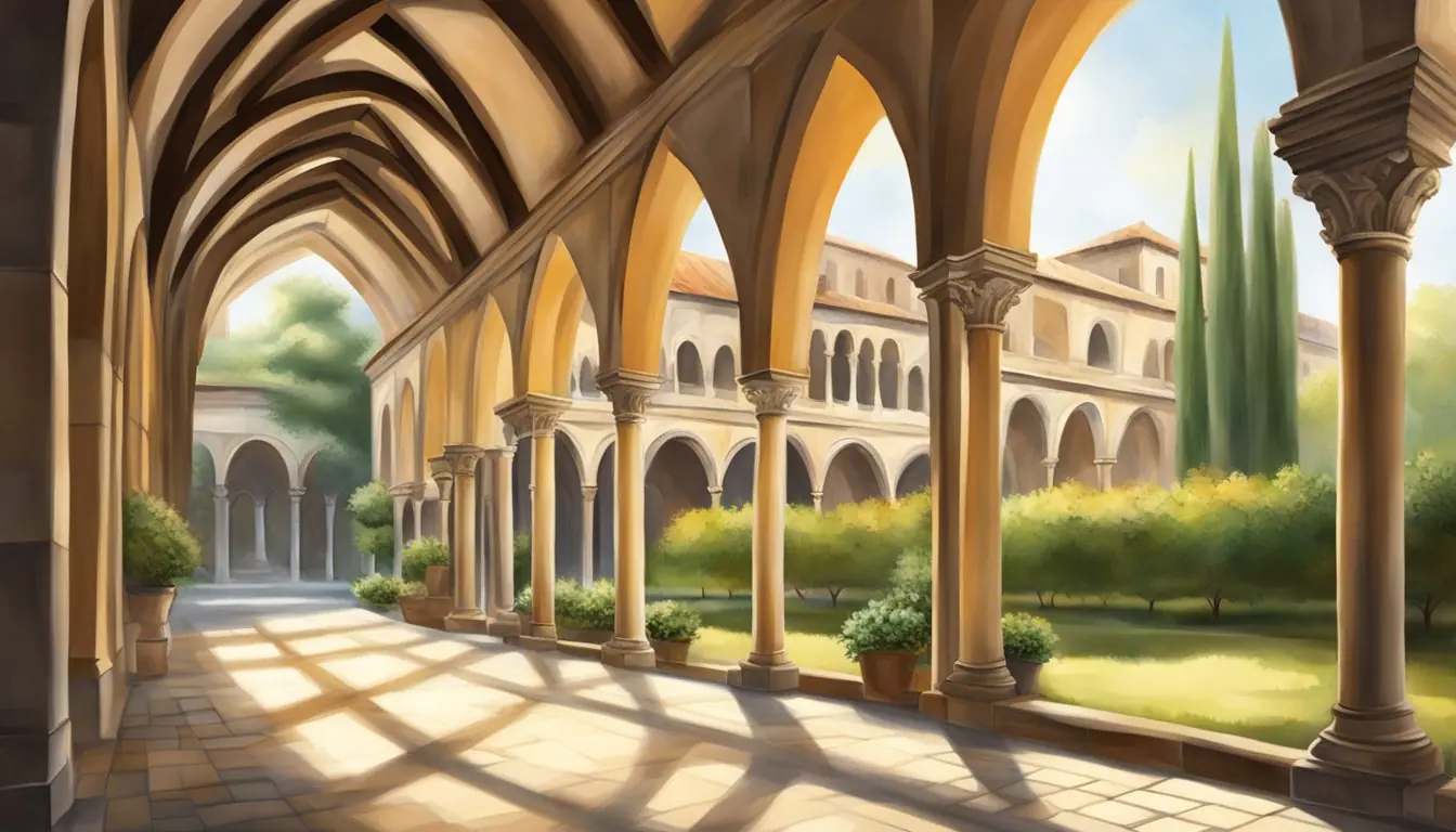 Sunlight filters through ancient arches in the quiet cloisters of Milan, revealing hidden beauty and serenity
