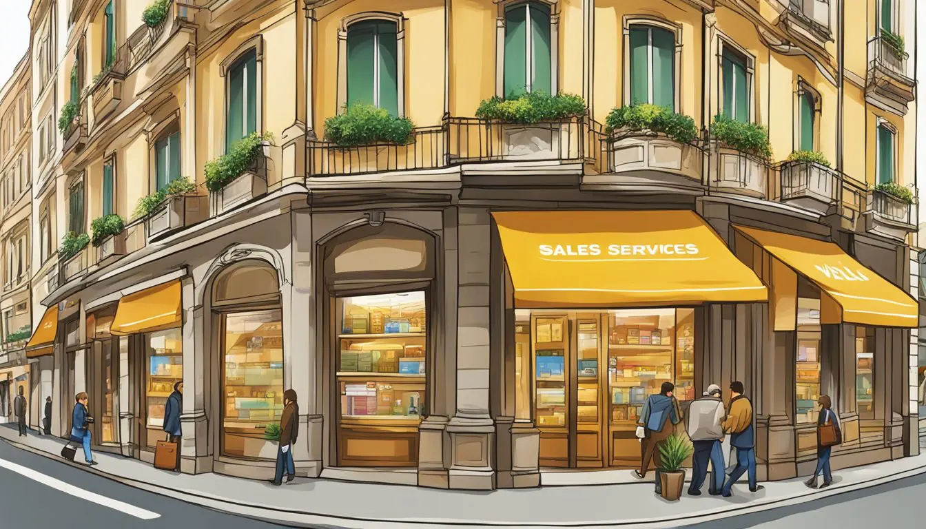 A bustling city street in Milan, with storefronts displaying "Sales and Services" signs. A person is seen opening a VAT number at a business office