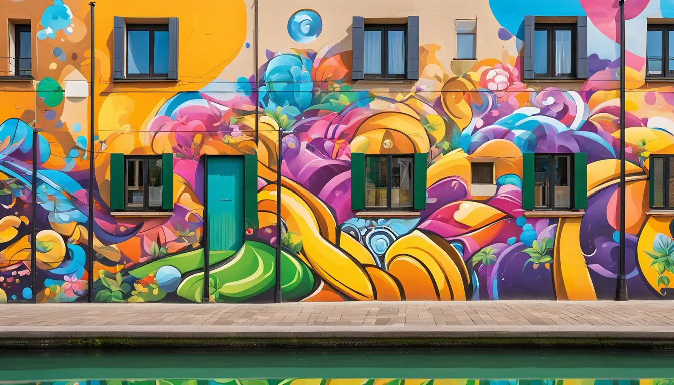 Colorful street art adorns the walls along the Navigli canal in Milan, with vibrant murals and graffiti creating a lively and dynamic atmosphere