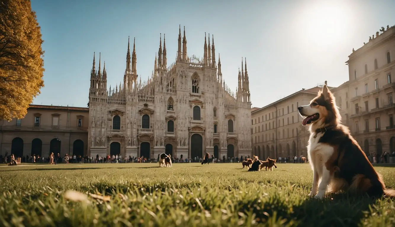 A sunny day in Milan's historical landmarks, dogs play in dog parks, surrounded by old architecture