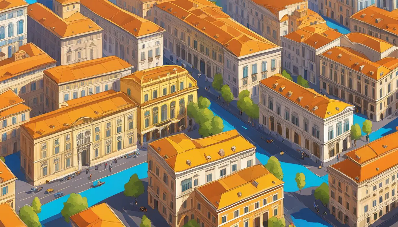 A vibrant display of art and culture in Milan, with diverse exhibitions showcasing the city's rich artistic evolution. Vibrant colors and dynamic compositions depict the city's cultural heritage