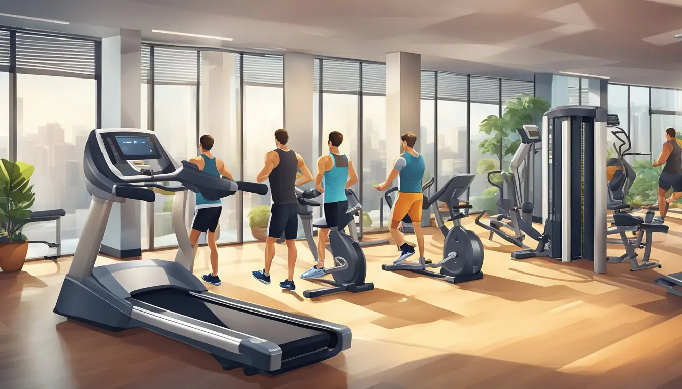 People working out in a modern gym in Milan, using various exercise equipment and machines to stay fit and healthy