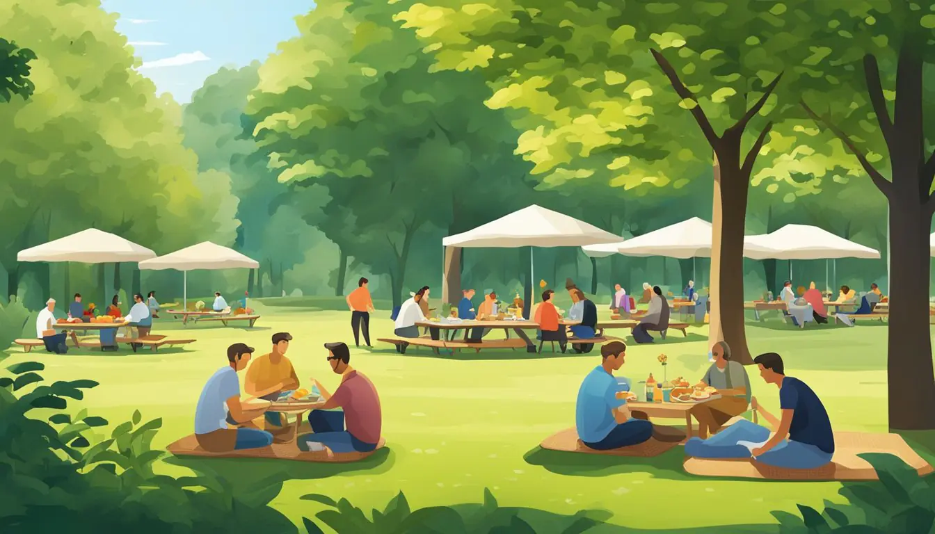 People enjoying picnics in Milan's lush parks. Greenery, trees, and open spaces. A serene and relaxing atmosphere