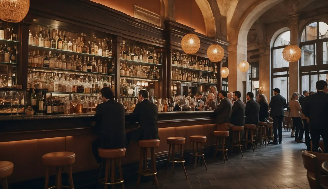 A bustling traditional aperitivo bar in Milan, with elegant decor and a lively atmosphere. Patrons enjoy drinks and small bites as they socialize and soak in the city's rich history and culture