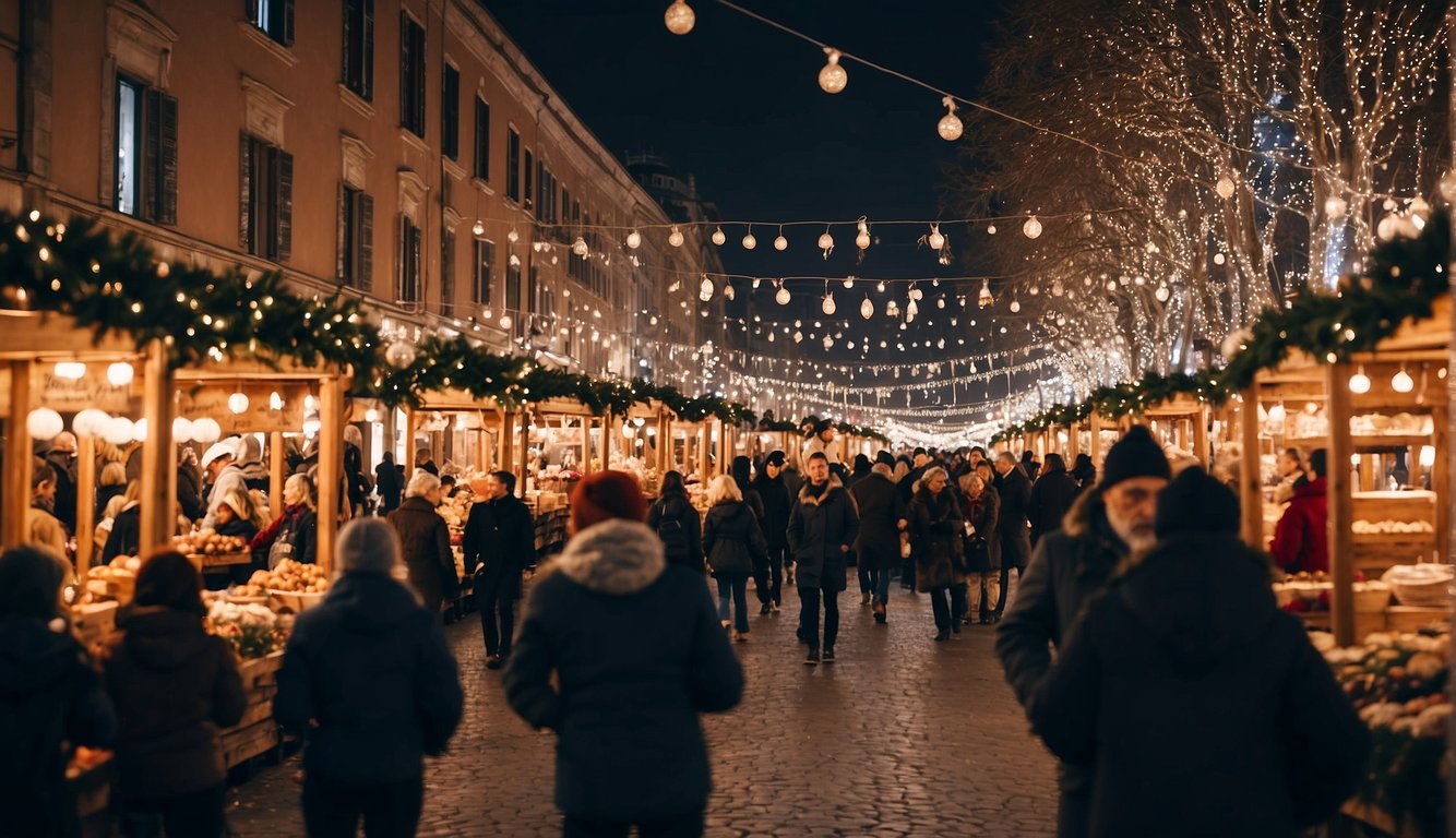 A bustling Christmas market in Milan with accessible public transport nearby. Festive decorations, food stalls, and holiday activities