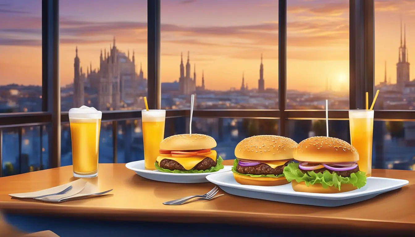 A table set with gourmet burgers and assorted beverages at a trendy restaurant in Milan