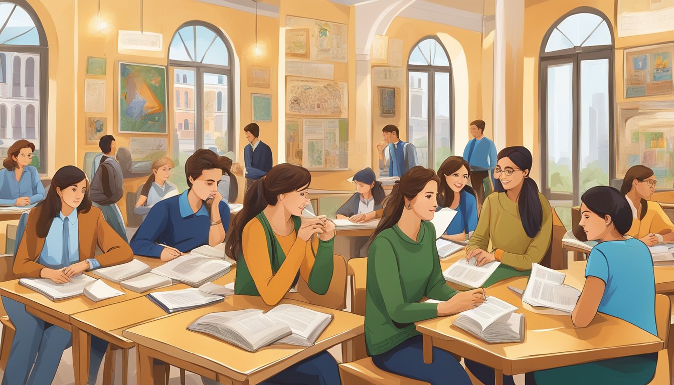 A bustling Italian language school in Milan, students engaged in conversation, surrounded by Italian cultural symbols and language materials