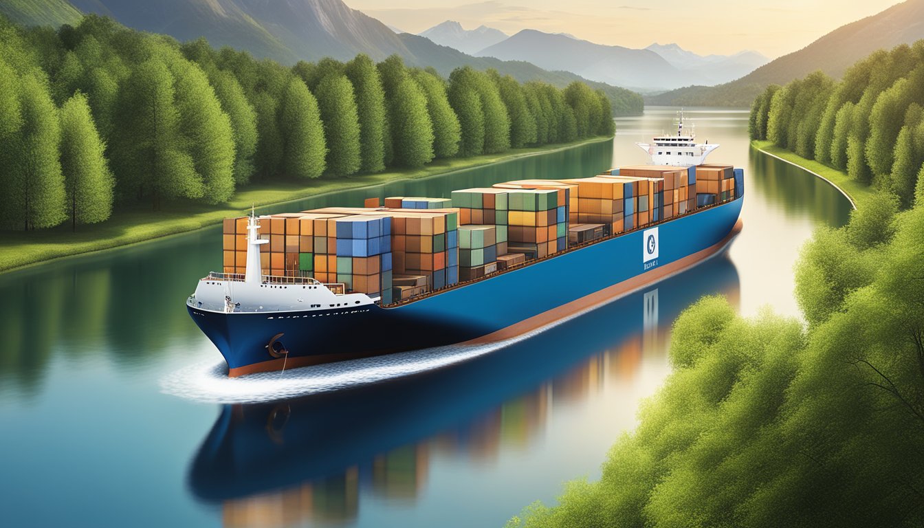 A cargo ship navigates the calm waters of the lakes near Milan, surrounded by lush greenery and distant mountains. A network of roads and railways can be seen in the background, highlighting the transportation and logistics hub of the region