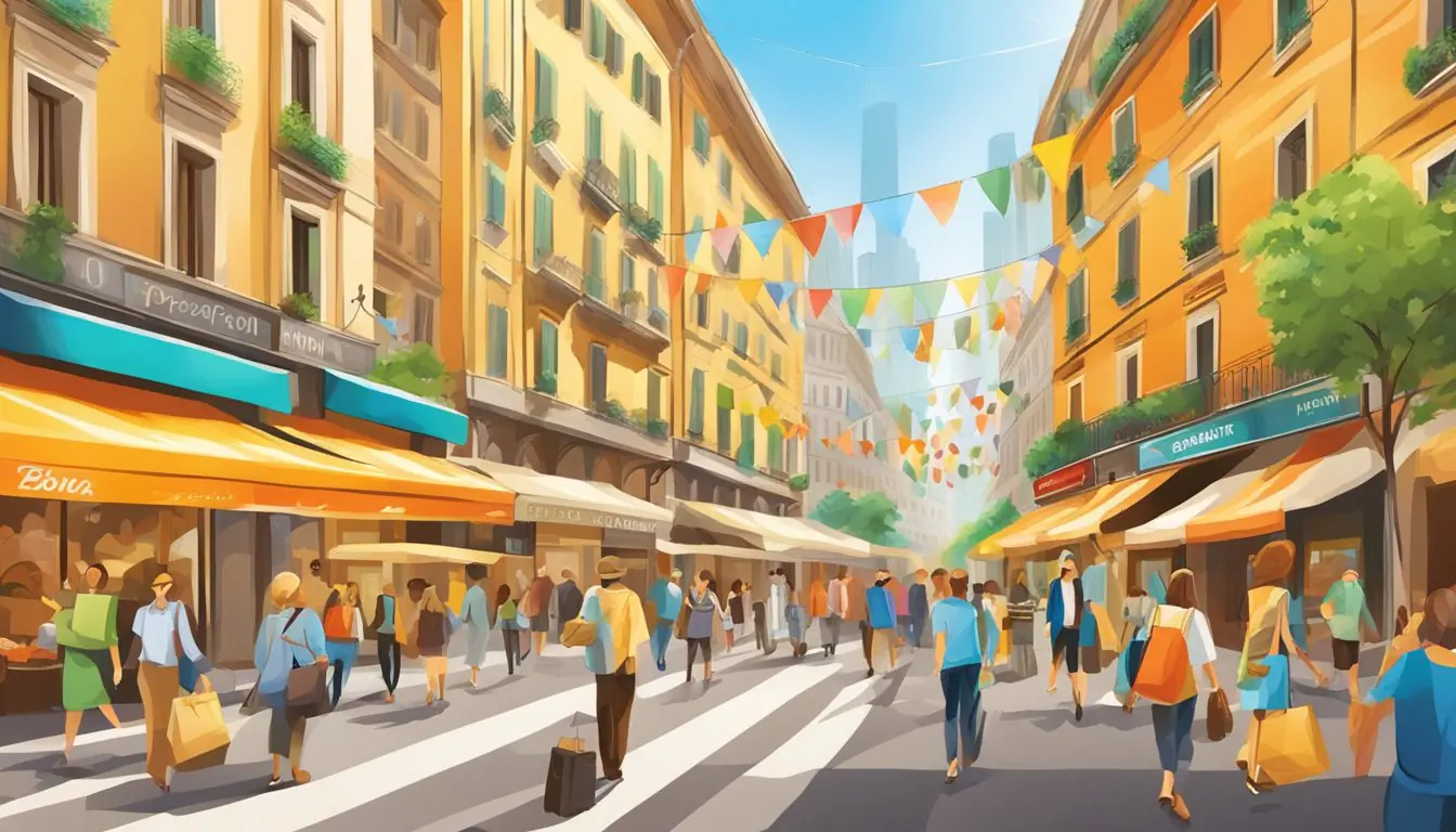 A bustling street in Milan, with colorful signs advertising discounts. People are seen enjoying various activities, such as shopping, dining, and sightseeing