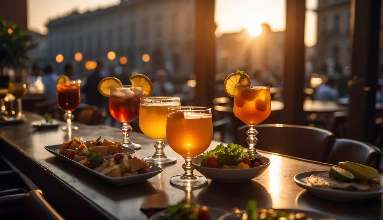 A bustling aperitivo bar in Milan, filled with colorful cocktails and delicious appetizers. The warm glow of the setting sun filters through the windows, creating a cozy and inviting atmosphere